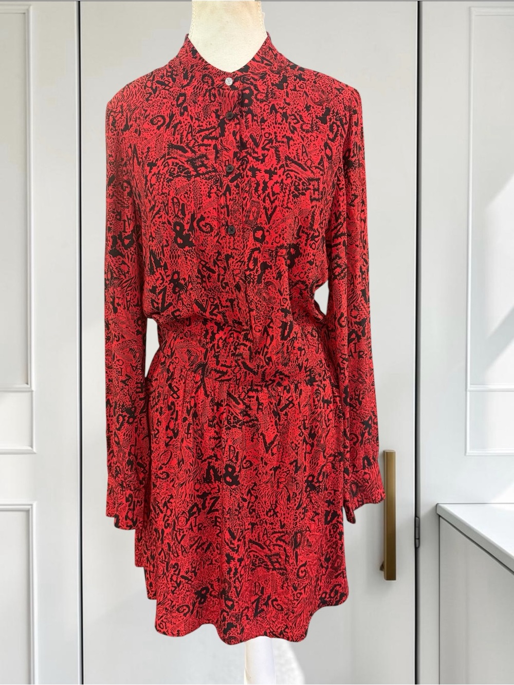 Zadig & Voltaire Red & Black Printed Long Sleeve Shirt Dress Size Large